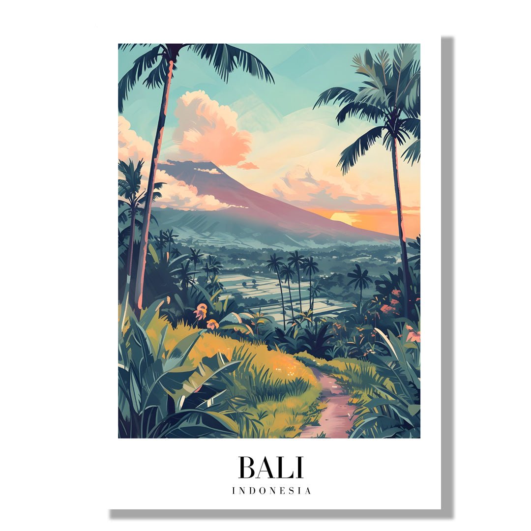 Tablou Canvas Print Bali apus muntos si palmieri, stil ilustrativ
