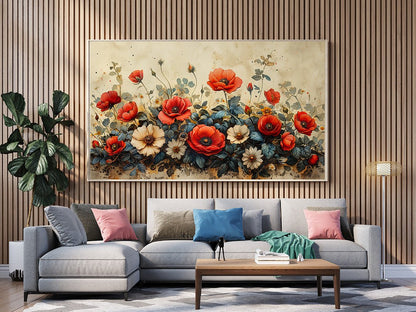 Tablou Canvas maci rosii si albe vintage in natura | The Print Studio