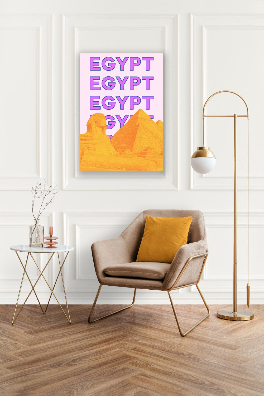 Tablou Canvas Egipt vibrant cu piramide aurii si Sfinx stil pop art | The Print Studio