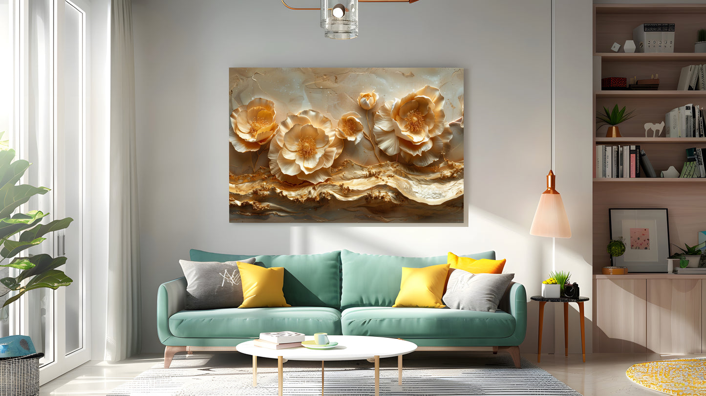 Tablou Canvas flori luxuriante cu accente aurii si eleganta abstracta | The Print Studio