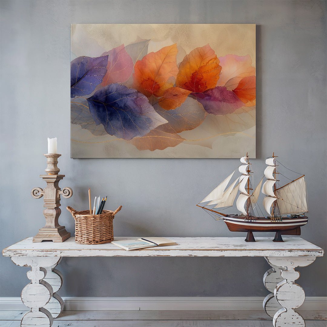 Tablou Canvas frunze colorate in tonuri de toamna si lumina calda | The Print Studio