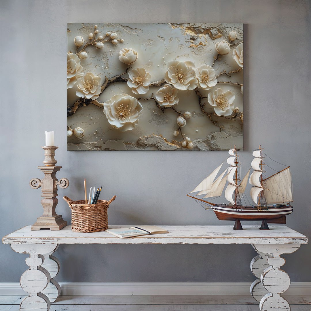 Tablou Canvas flori bej delicate pe ramuri in textura abstracta | The Print Studio