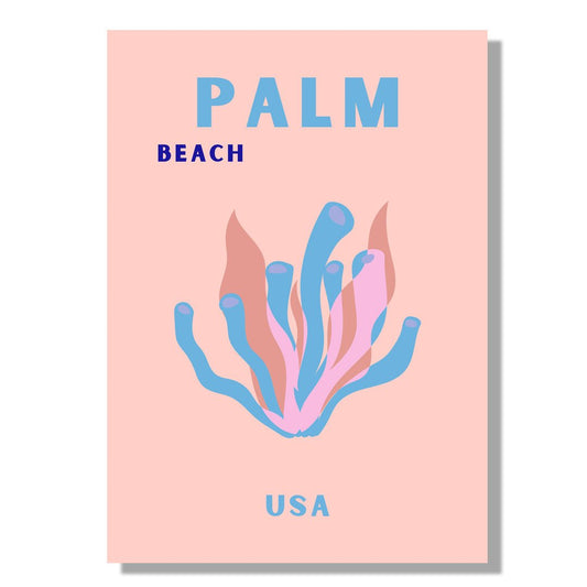 Tablou Canvas plaja cu palmieri minimalist si coraluri vesele | The Print Studio