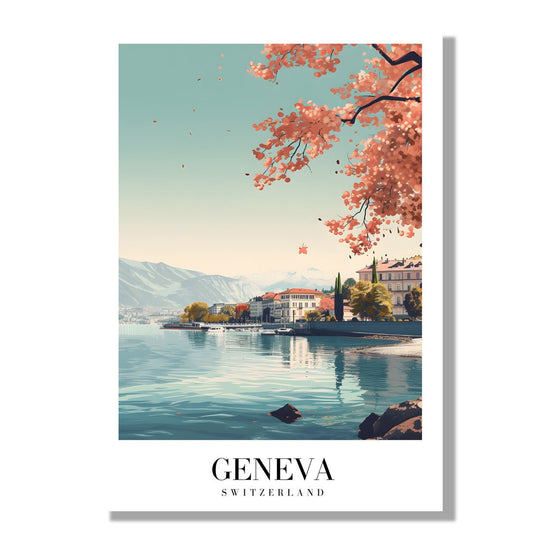 Tablou Canvas peisaj Geneva cu flori pastelate in stil vintage | The Print Studio