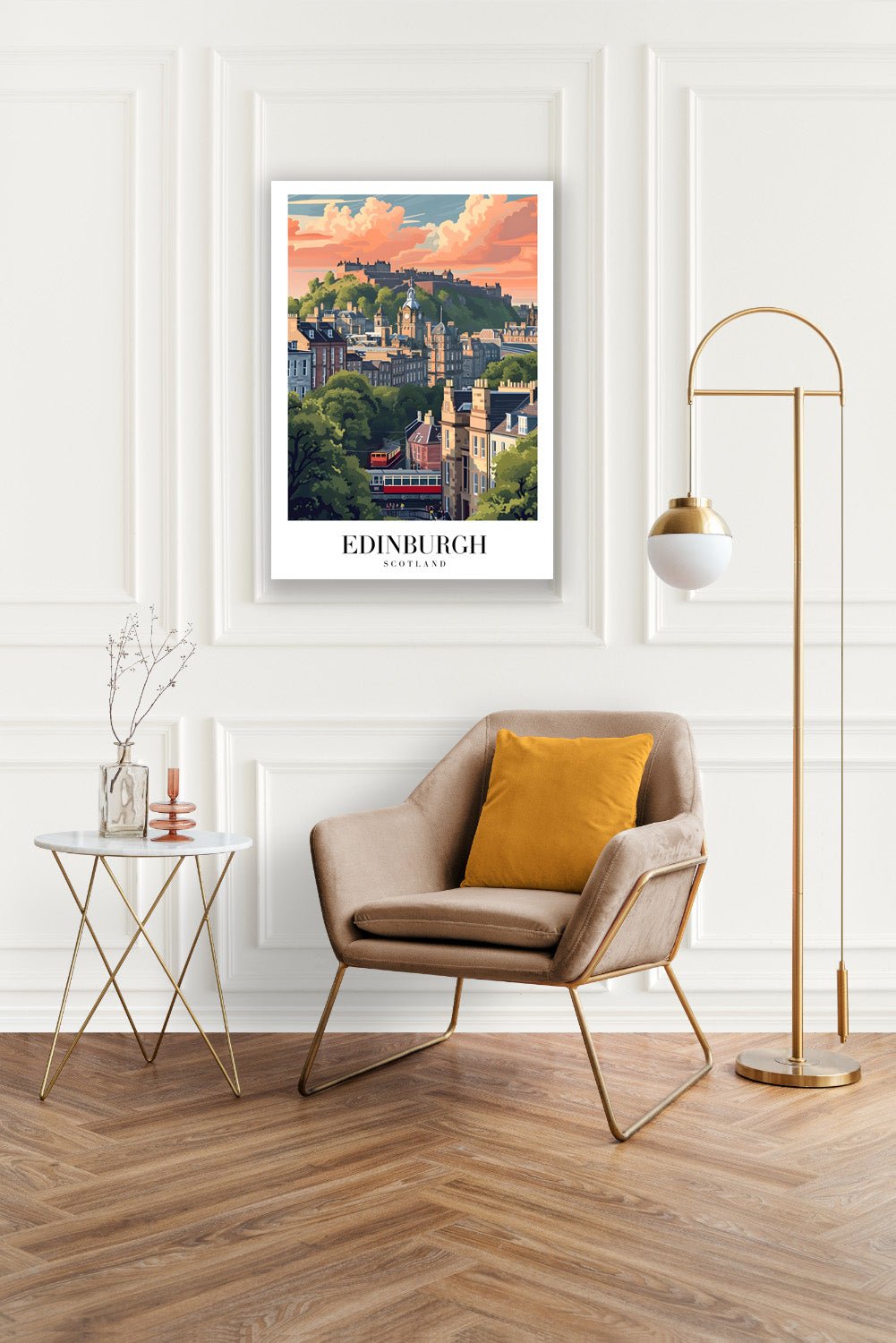 Tablou Canvas Print oras Edinburgh la apus, cladiri si nori, stil ilustrativ