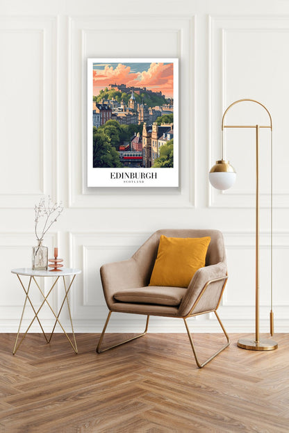 Tablou Canvas Print oras Edinburgh la apus, cladiri si nori, stil ilustrativ