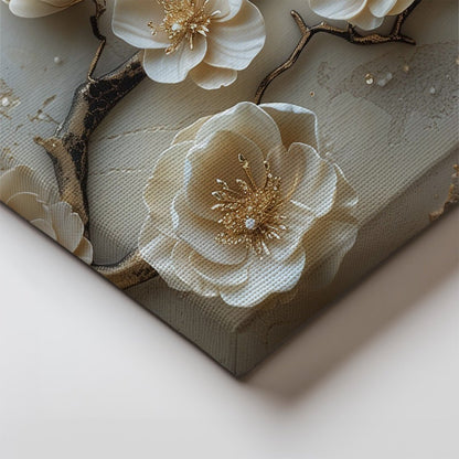 Tablou Canvas flori bej delicate pe ramuri in textura abstracta | The Print Studio