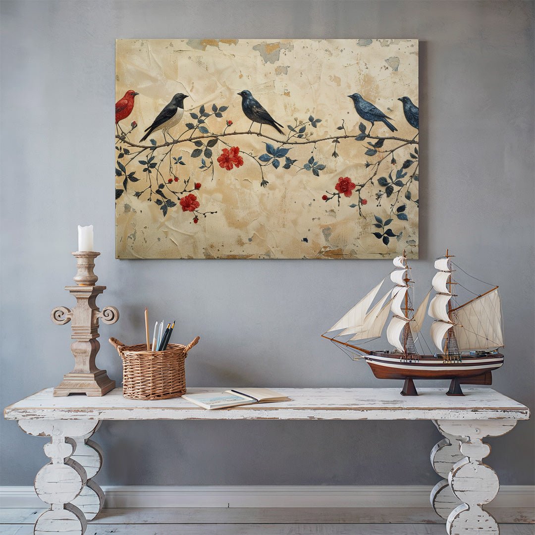 Tablou Canvas Pasari delicate pe ramura cu flori primavaratice | The Print Studio