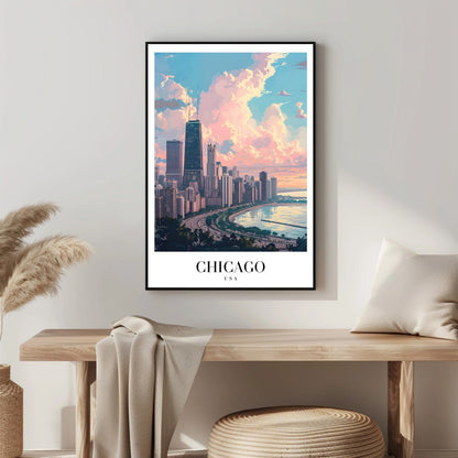 Tablou Canvas Print Chicago cer roz albastru sarut ceresc stil digital