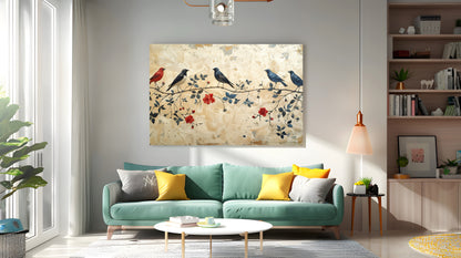 Tablou Canvas Pasari delicate pe ramura cu flori primavaratice | The Print Studio