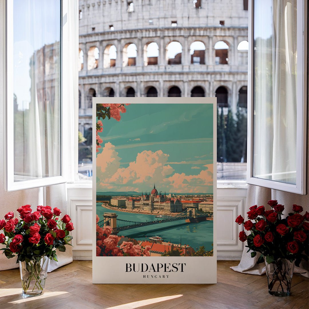 Tablou Canvas Pod Budapesta in lumina cerului albastru si flori vibrante | The Print Studio