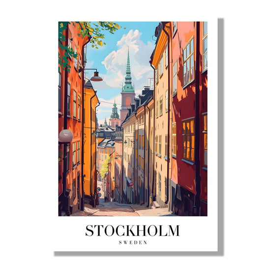 Tablou Canvas Strada Stockholm cu cladiri vesele in stil ilustrativ | The Print Studio
