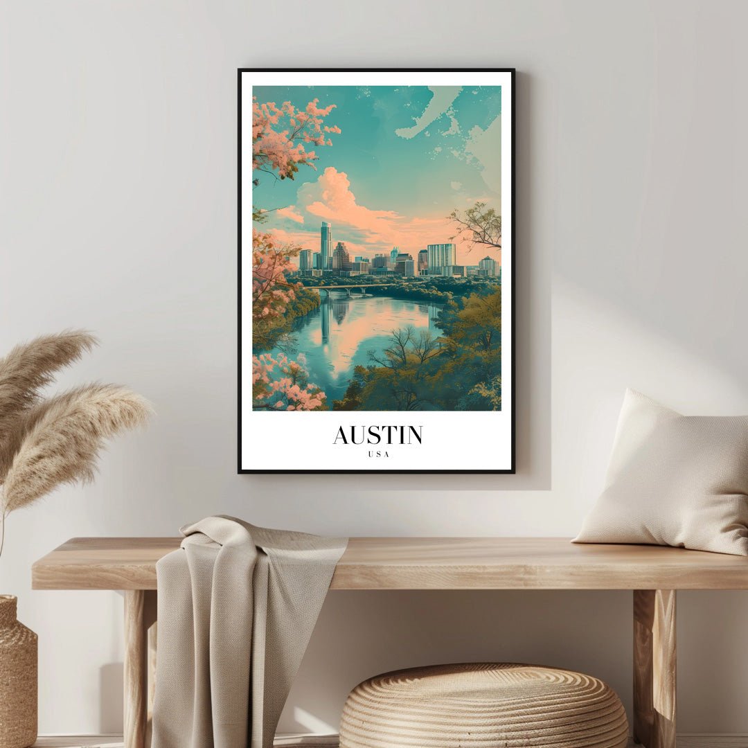 Tablou Canvas Print Austin apus peste oras conturat, stil acuarela