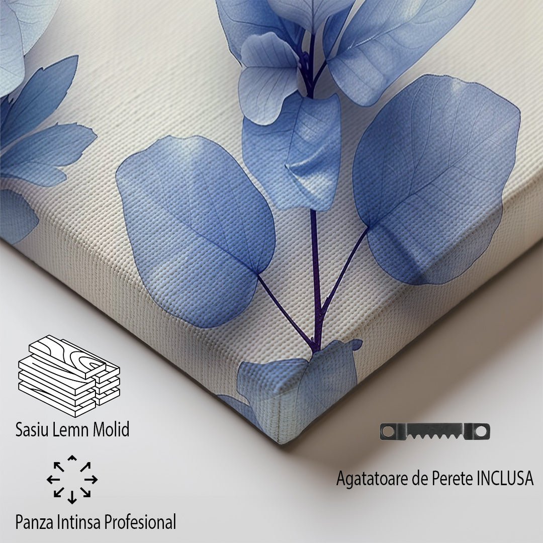 Tablou Canvas frunze albastre si flori delicate stilizate elegante | The Print Studio