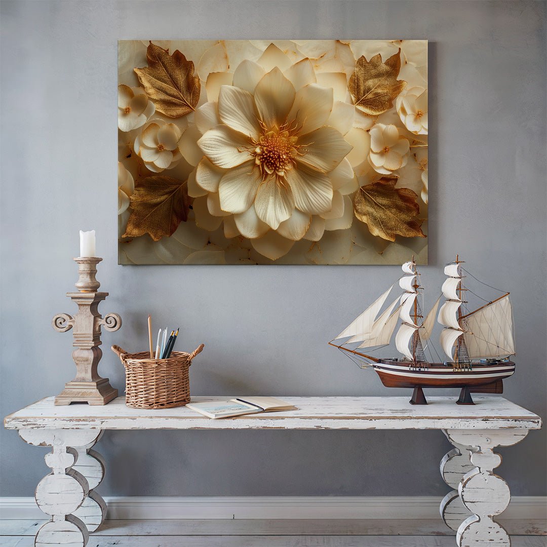 Tablou Canvas flori aurii si frunze elegante in stil abstract | The Print Studio