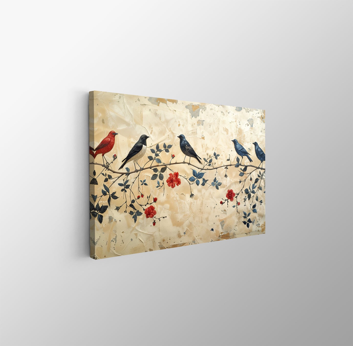 Tablou Canvas Pasari delicate pe ramura cu flori primavaratice | The Print Studio
