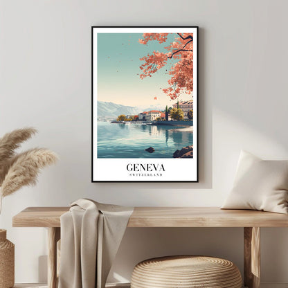 Tablou Canvas peisaj Geneva cu flori pastelate in stil vintage | The Print Studio