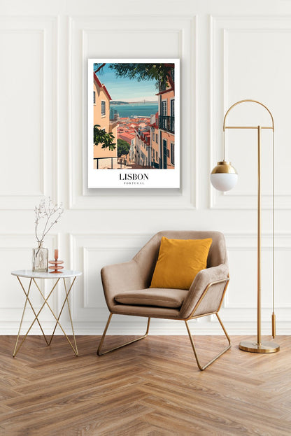 Tablou Canvas Lisabona priveliste marina ilustrativa vibranta | The Print Studio