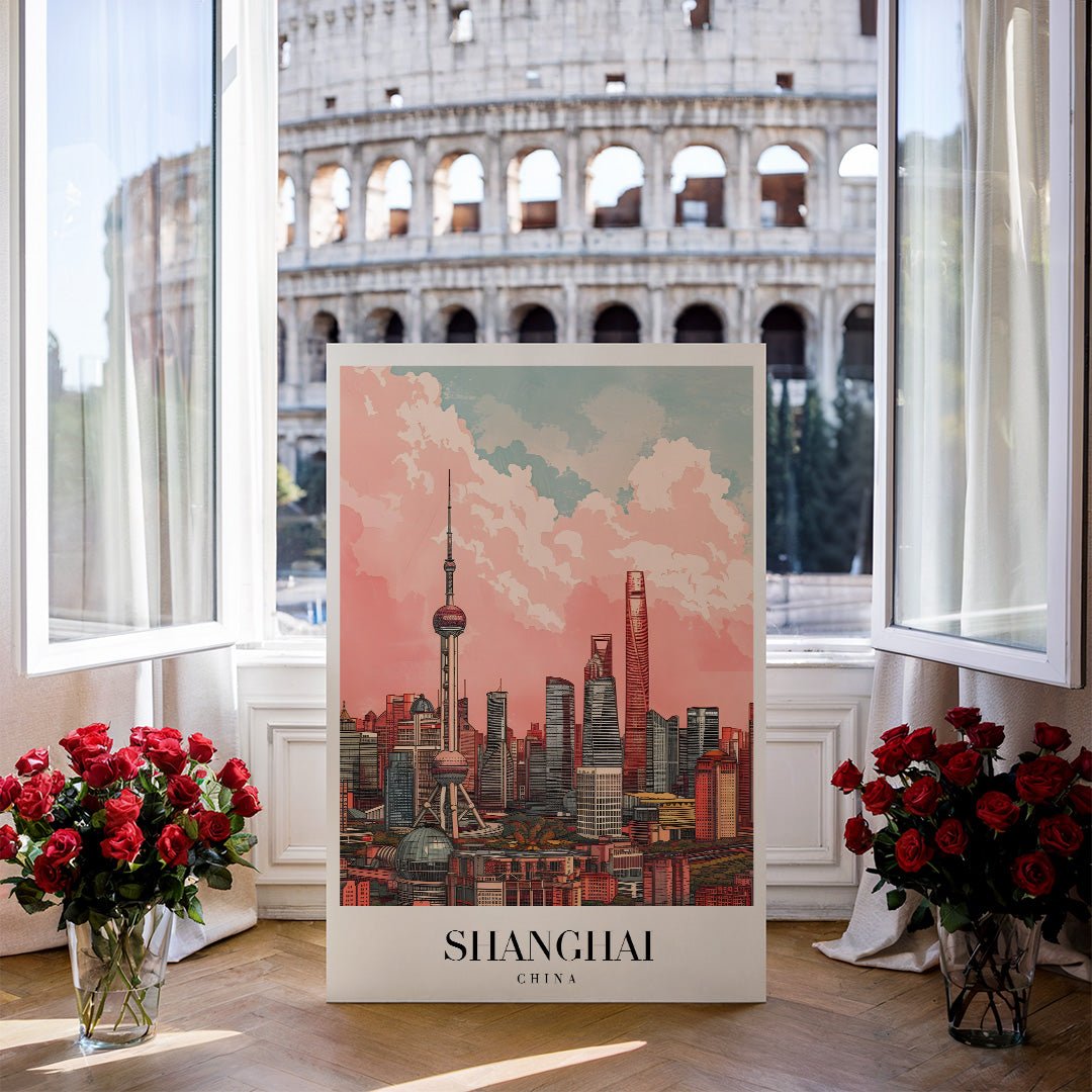 Tablou Canvas Shanghai zgarie-nori sub cerul roz ilustrativ | The Print Studio