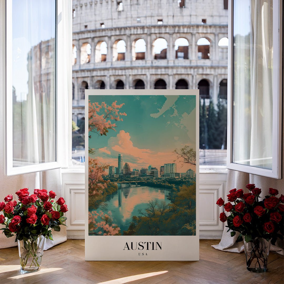 Tablou Canvas Print Austin apus peste oras conturat, stil acuarela