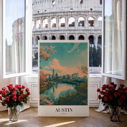 Tablou Canvas Print Austin apus peste oras conturat, stil acuarela