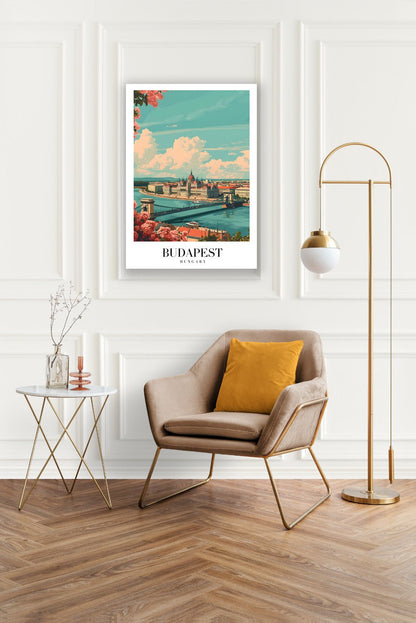 Tablou Canvas Pod Budapesta in lumina cerului albastru si flori vibrante | The Print Studio