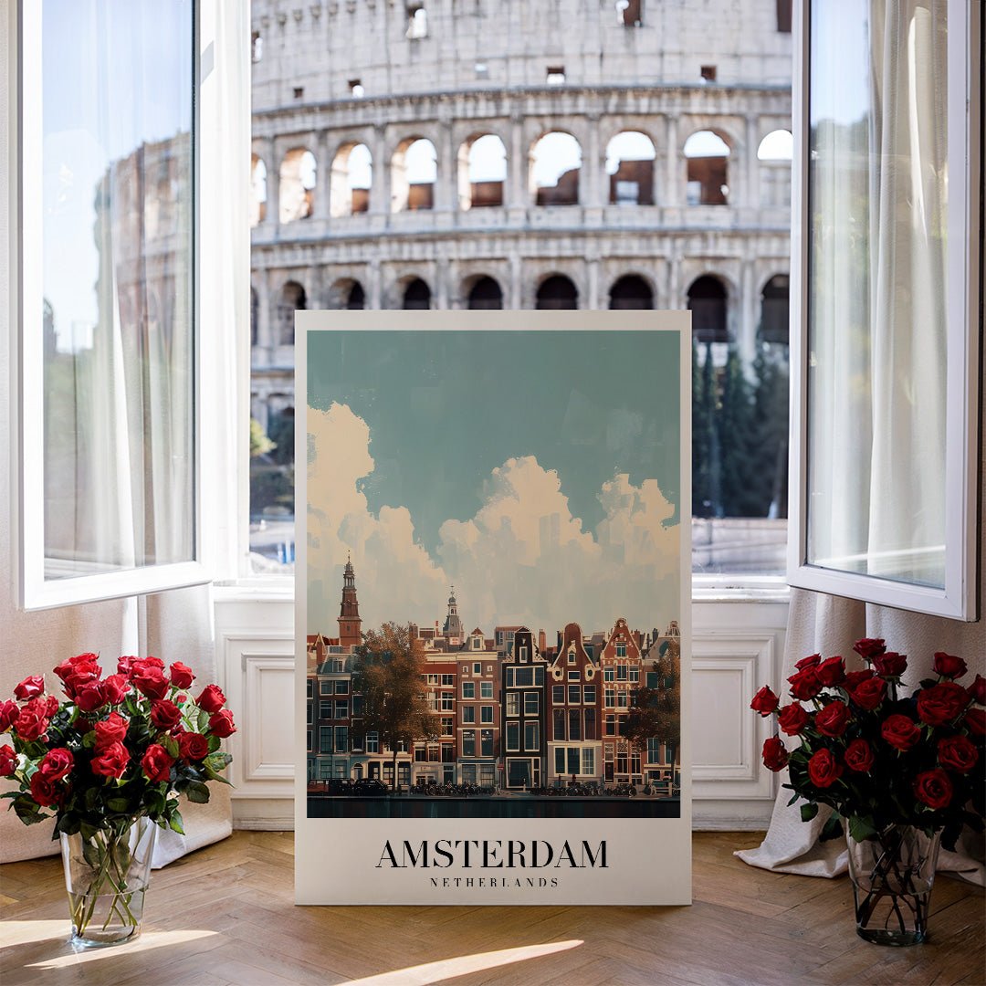 Tablou Canvas case Amsterdam sub cer senin, vibrant si ilustrativ | The Print Studio