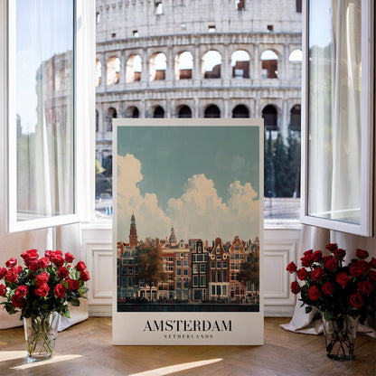 Tablou Canvas case Amsterdam sub cer senin, vibrant si ilustrativ | The Print Studio