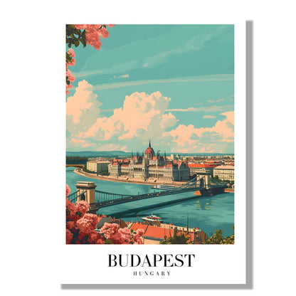 Tablou Canvas Pod Budapesta in lumina cerului albastru si flori vibrante | The Print Studio