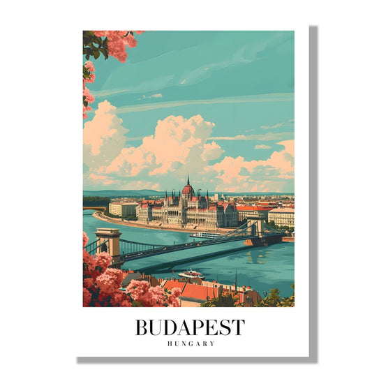 Tablou Canvas Pod Budapesta in lumina cerului albastru si flori vibrante | The Print Studio