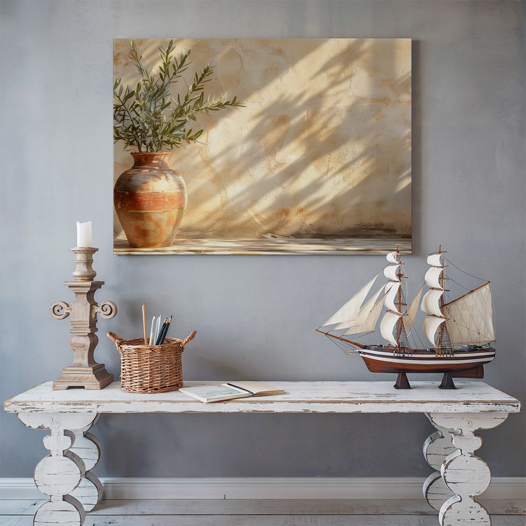 Tablou Canvas vas ceramic si umbra frunze maslin realist | The Print Studio