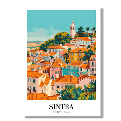 Tablou Canvas Print Sintra: case colorate si turn, stil artistic vibrant