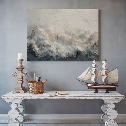 Tablou Canvas munti invaluiti in ceata si lumina aurie | The Print Studio