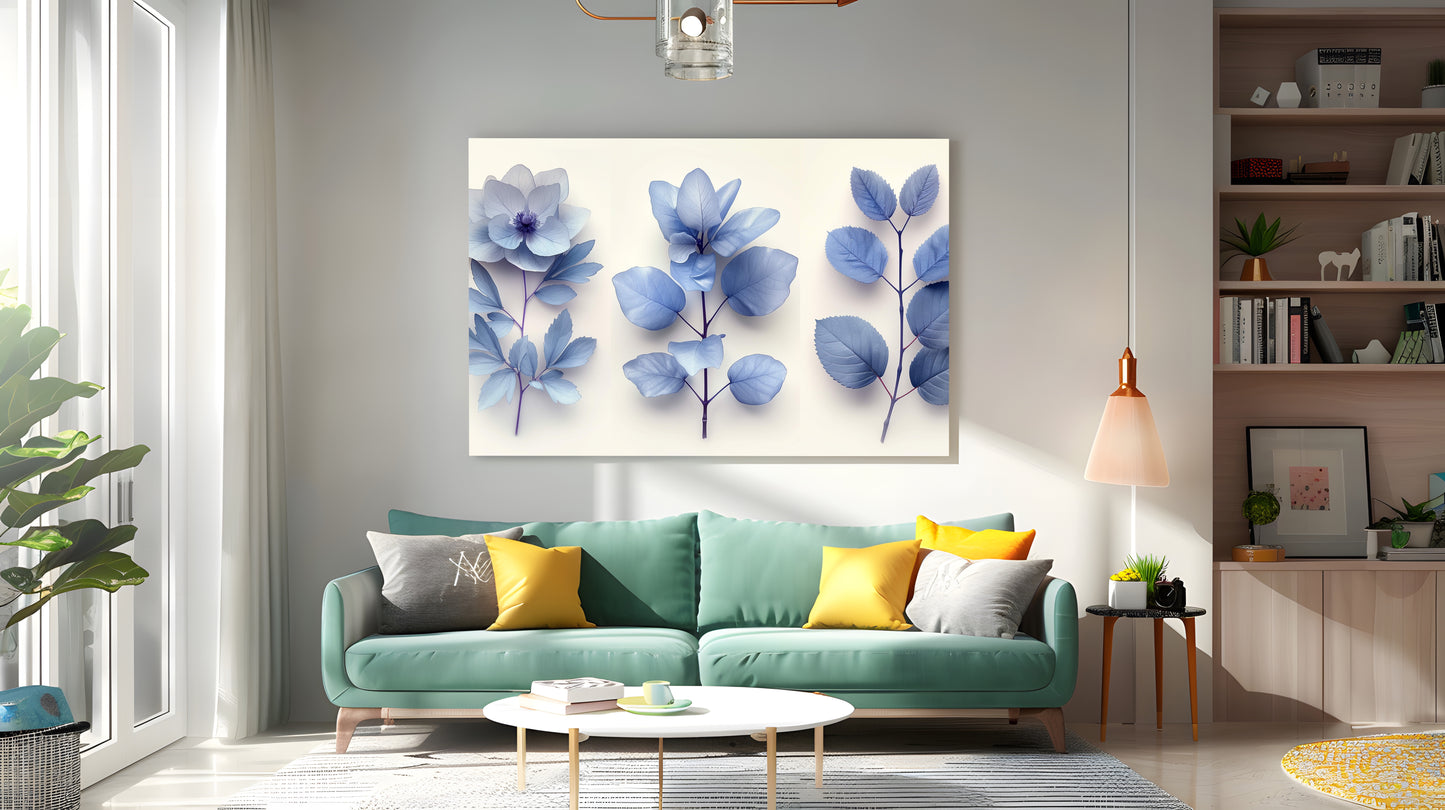 Tablou Canvas frunze albastre si flori delicate stilizate elegante | The Print Studio