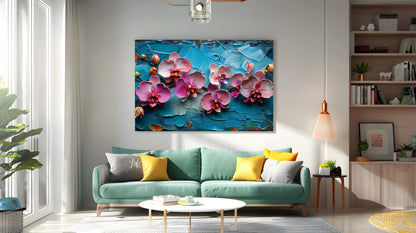 Tablou Canvas orhidee roz pe fundal albastru texturat | The Print Studio