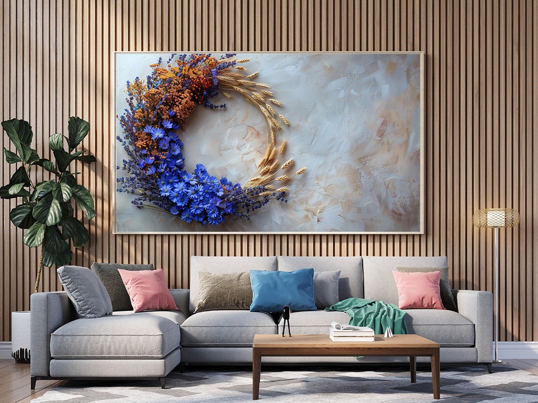 Tablou Canvas floare albastra intre spice aurii realist decorativ | The Print Studio