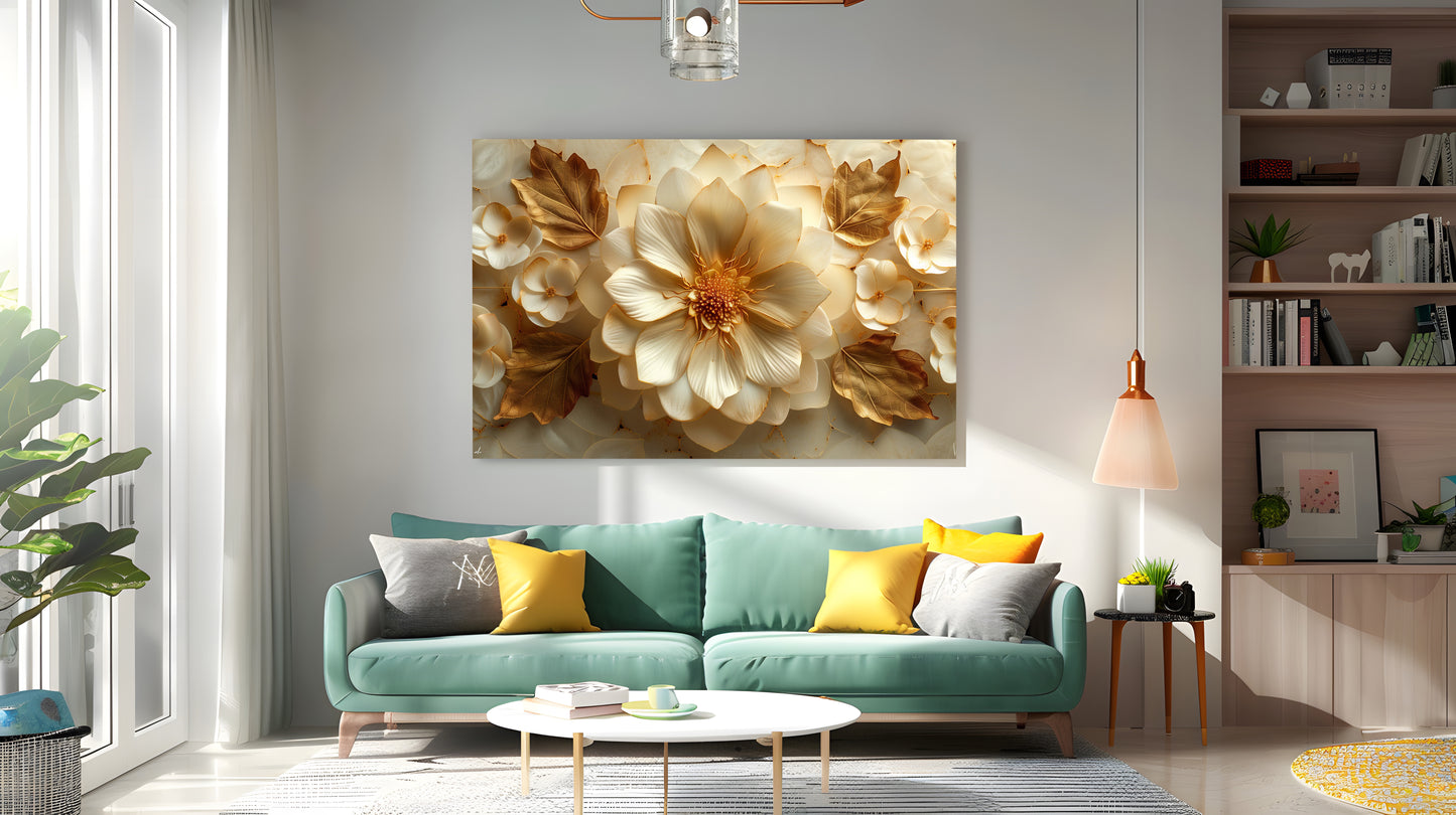 Tablou Canvas flori aurii si frunze elegante in stil abstract | The Print Studio