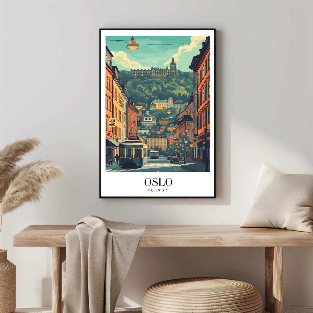 Tablou Canvas tramvai Oslo retro pe dealuri pitoresti | The Print Studio