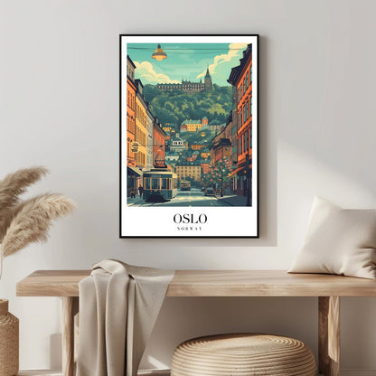 Tablou Canvas tramvai Oslo retro pe dealuri pitoresti | The Print Studio