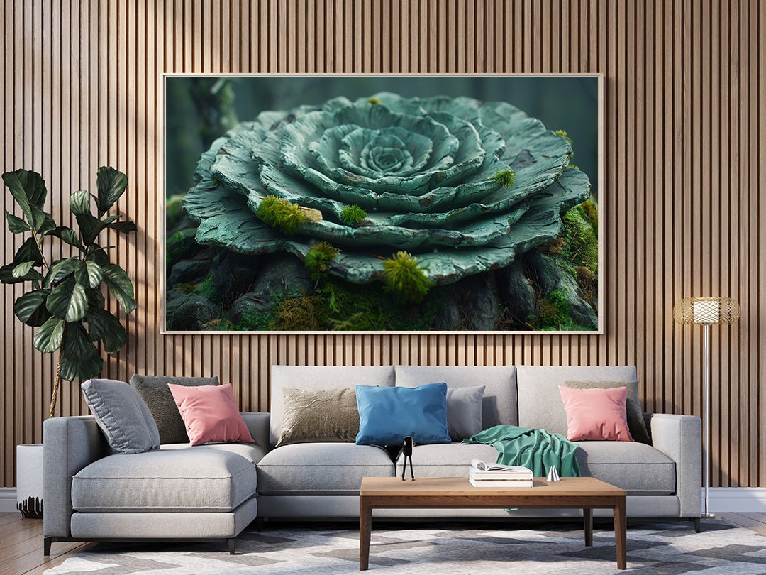 Tablou Canvas floare sculptata pe fond de muschi verde vibrant | The Print Studio
