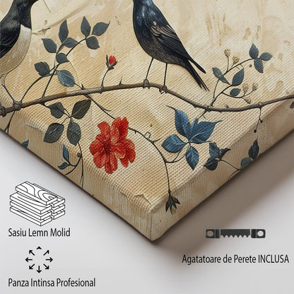 Tablou Canvas Pasari delicate pe ramura cu flori primavaratice | The Print Studio