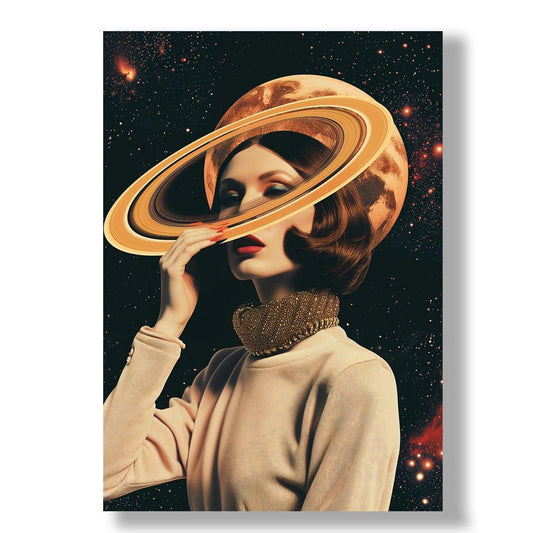 Tablou Futurist cu Femeie și Saturn - Stil Cosmic și Elegant