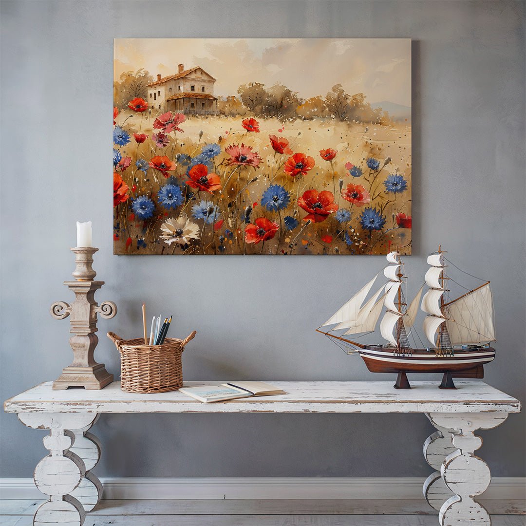 Tablou Canvas casuta rustica inconjurata de flori campestre | The Print Studio