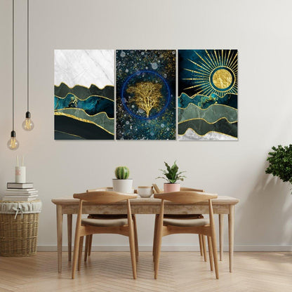 Tablou Multicanvas Abstract cu Peisaj Montan și Soare Auriu - Decor Modern pentru Perete