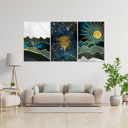 Tablou Multicanvas Abstract cu Peisaj Montan și Soare Auriu - Decor Modern pentru Perete