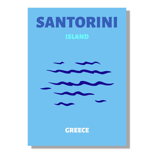 Tablou Canvas valuri albastre si insula Santorini stil minimalist | The Print Studio