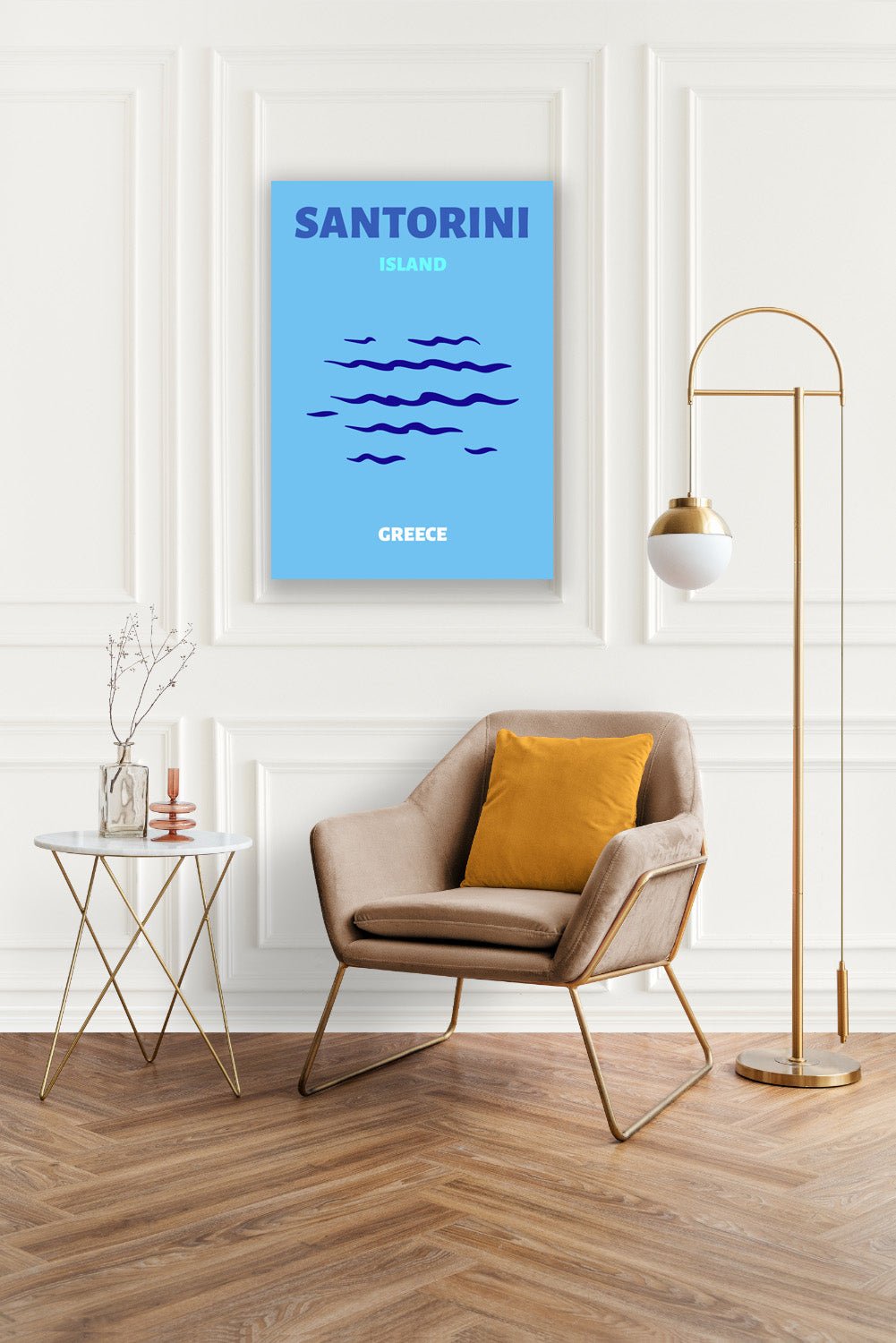 Tablou Canvas valuri albastre si insula Santorini stil minimalist | The Print Studio