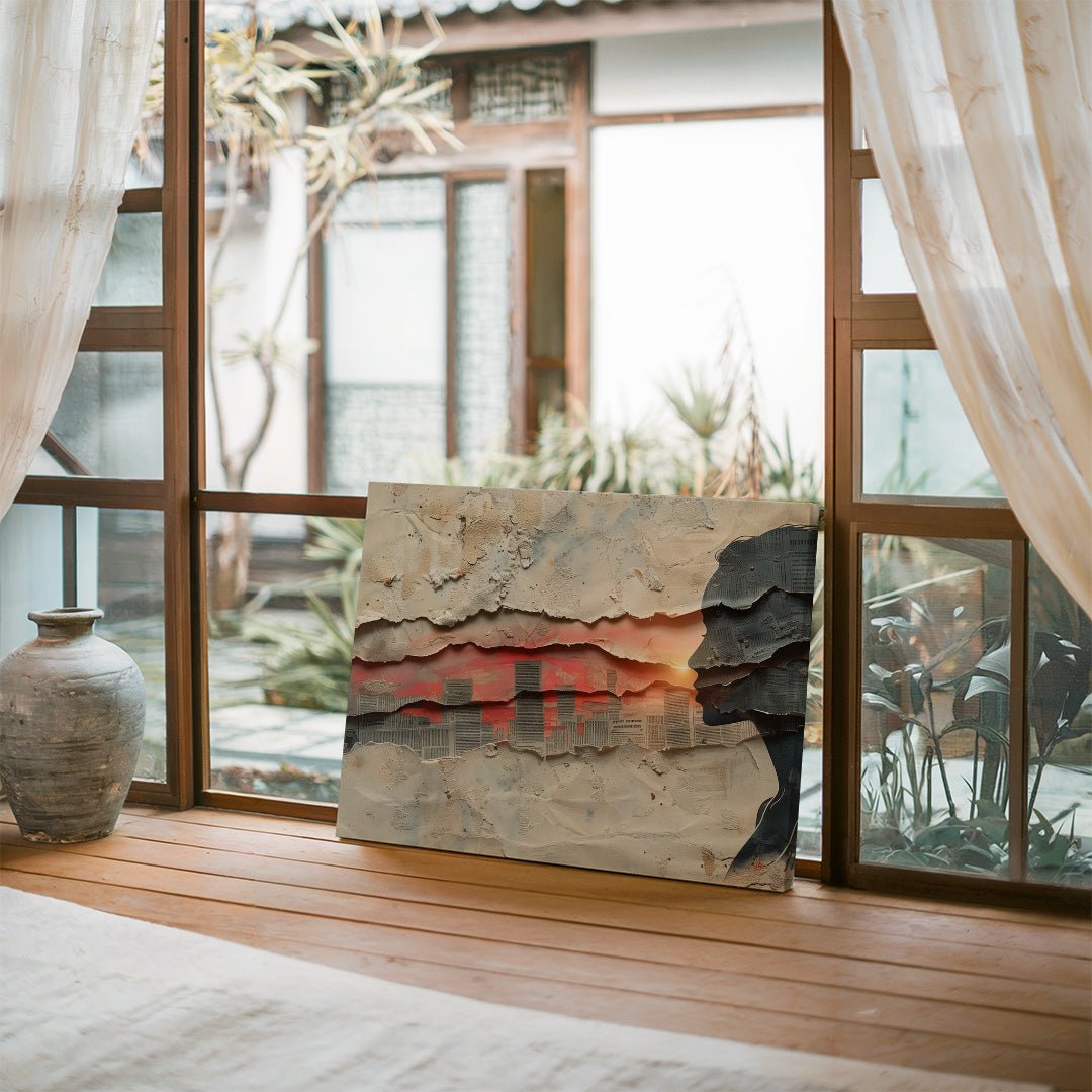 Tablou Canvas rasarit vibrant peste silueta urbana abstracta | The Print Studio