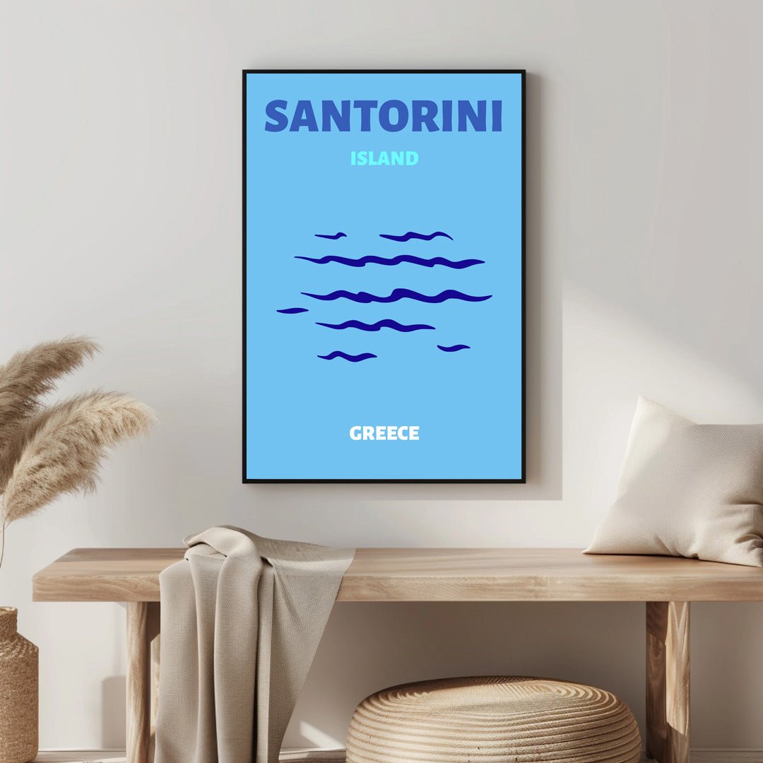 Tablou Canvas valuri albastre si insula Santorini stil minimalist | The Print Studio