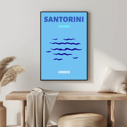 Tablou Canvas valuri albastre si insula Santorini stil minimalist | The Print Studio
